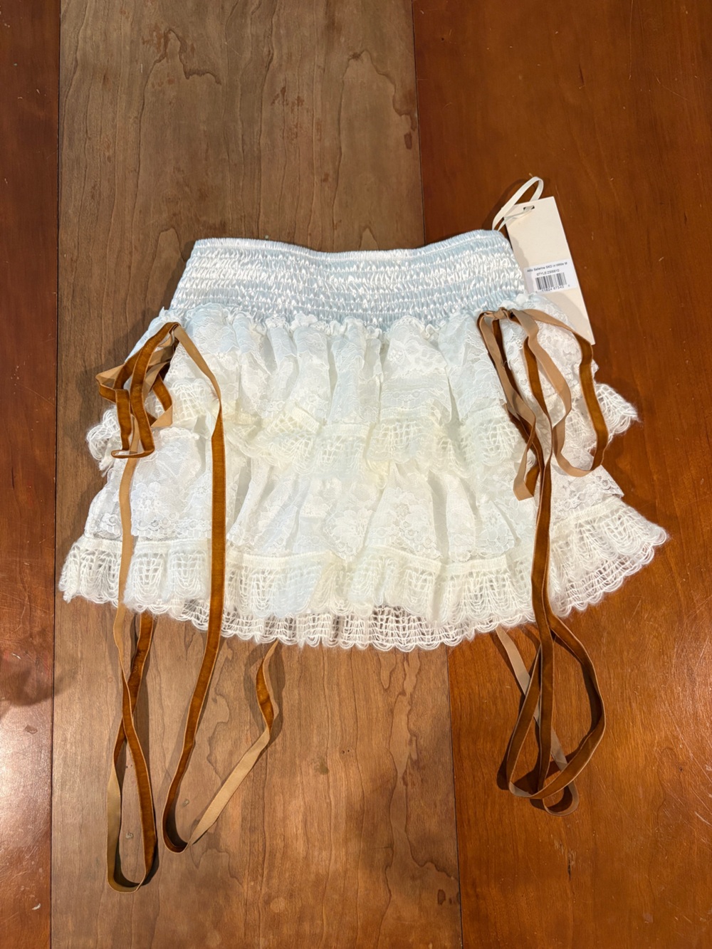 Zemeta Attic Ballerina White Lace Tiered Mini Skirt with Brown Ribbon Ties